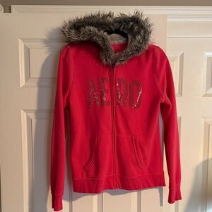 Ladies hot pink  Hoodie with Faux Fur Trim